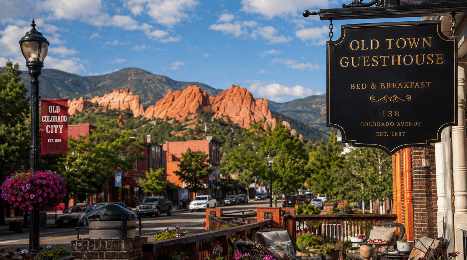 Old Colorado City street scene with a large black sign for Old Town Guesthouse and red rock formations in the background.