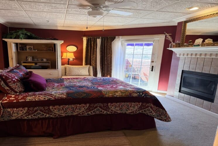 Cozy bedroom with a colorful quilted bed, burgundy walls, and sliding glass door to a patio beyond the bedframe