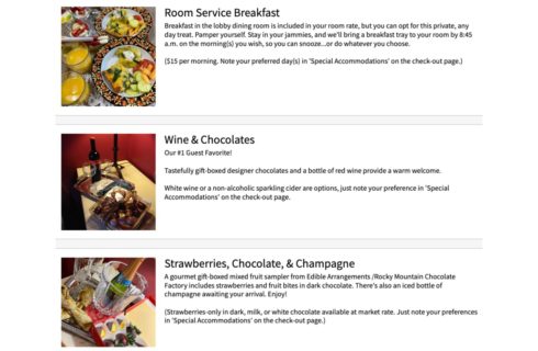 Three sections each with an image and text describing breakfast, wine and chocolates, and strawberries, chocolate, and Champagne