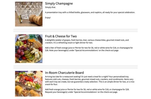 Three sections each with an image and text describing Champagne, fruit and cheese, and charcuterie board