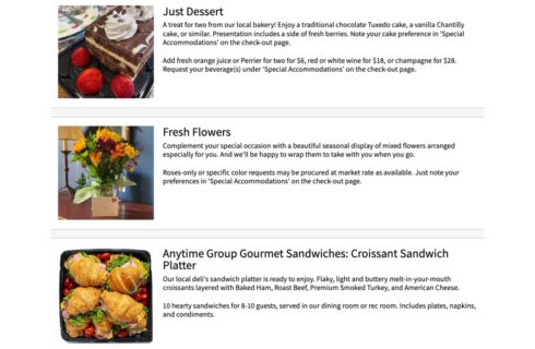 Three sections each with an image and text describing a dessert, fresh flowers, and gourmet sandwiches