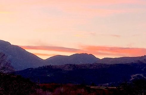 Mountain range covered in trees with setting sun in the background