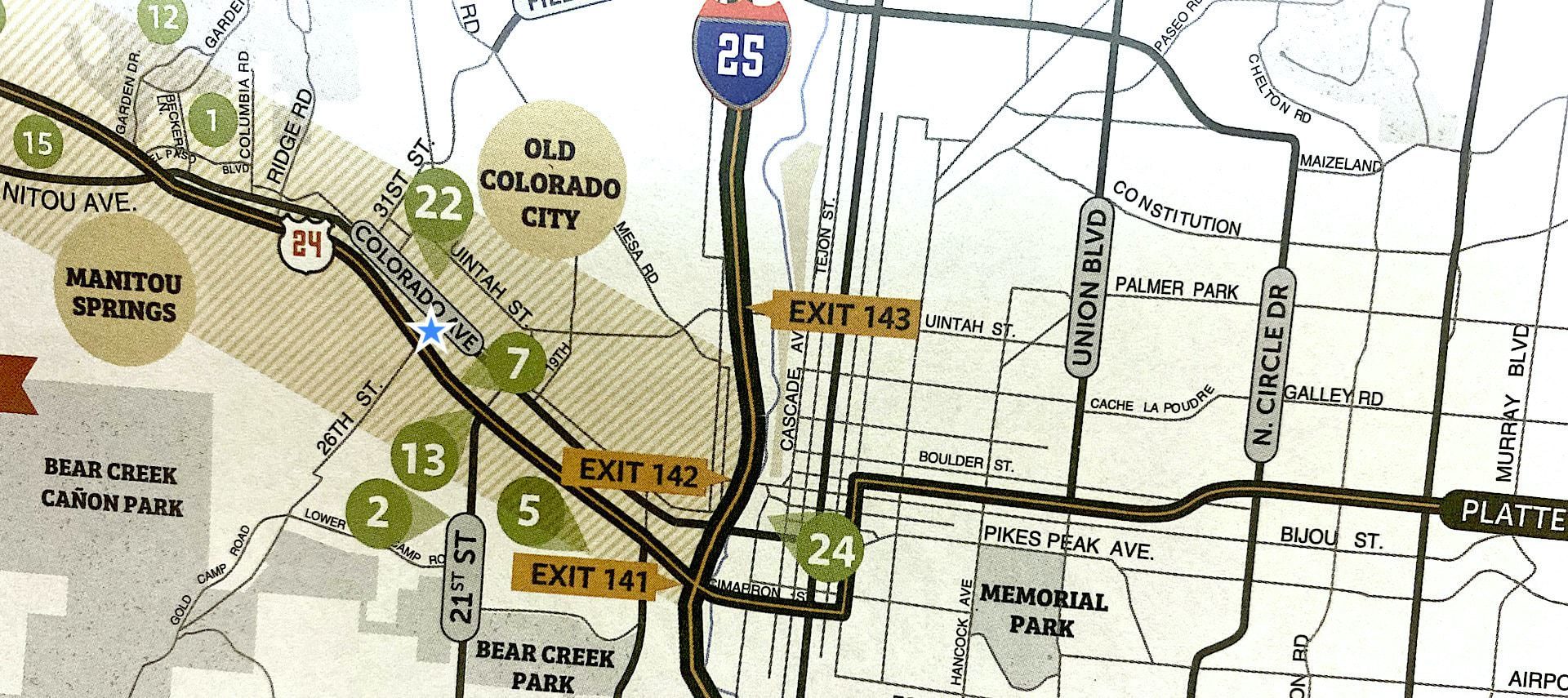 Close up view of road map showing Old Colorado City which is in Colorado Springs, Colorado